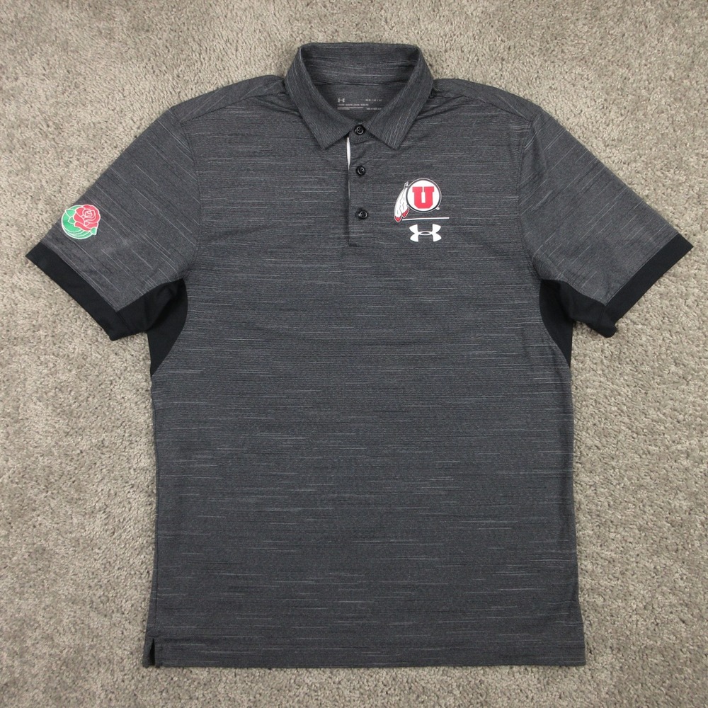 Utah Utes Polo Shirt Mens Medium Gray Under Armour HeatGear Rose Bowl Football